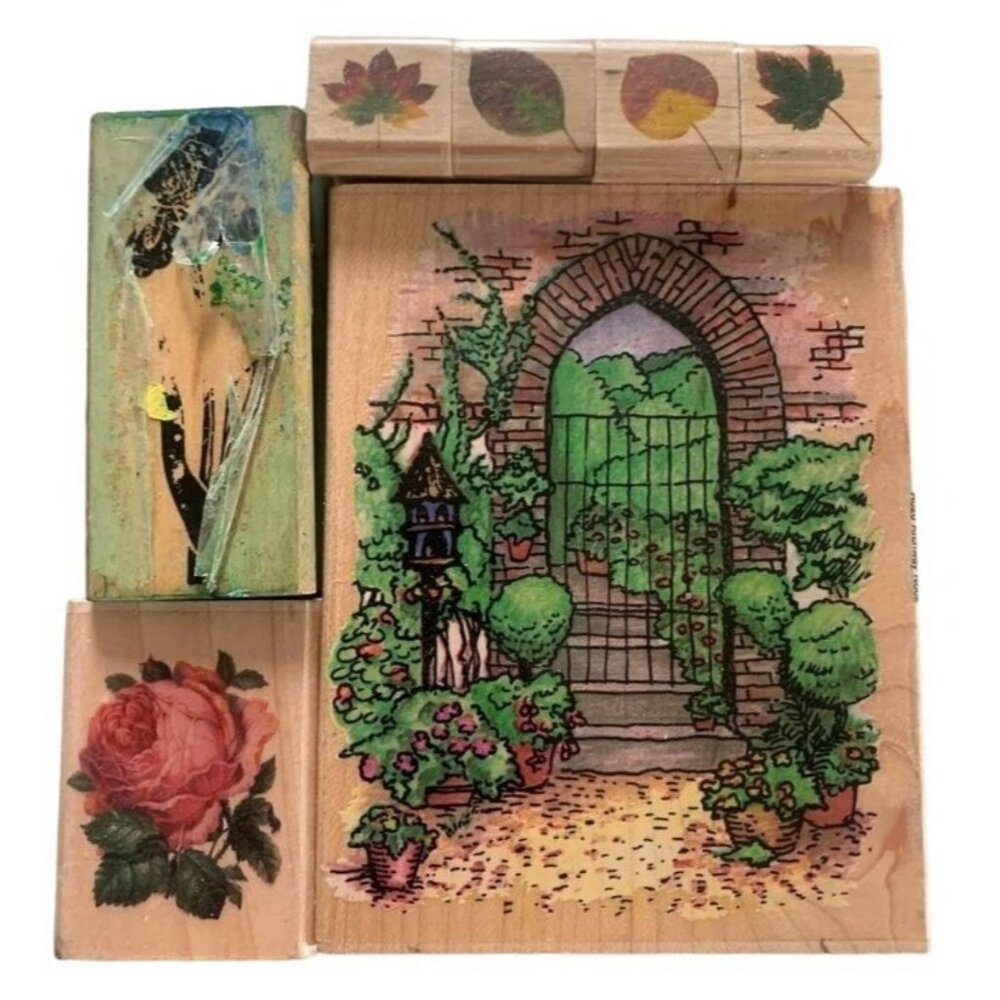 Wooden Rubber Stamp Set Nature Garden Themes Leaf Rose Designs